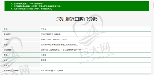 深圳雅冠口腔门诊部资质查询图