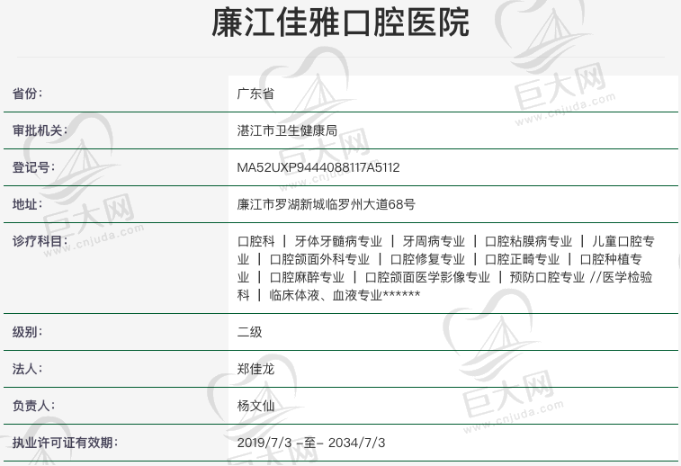 广东湛江廉江佳雅口腔医院资质