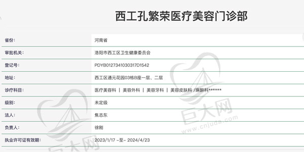 洛阳孔繁荣医疗美容门诊部认证