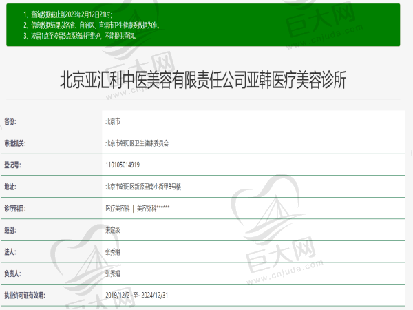 北京亚韩医疗美容诊所许可证