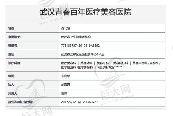 武汉青春百年医疗美容医院正规资质