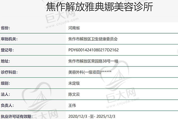 焦作解放雅典娜美容诊所资质