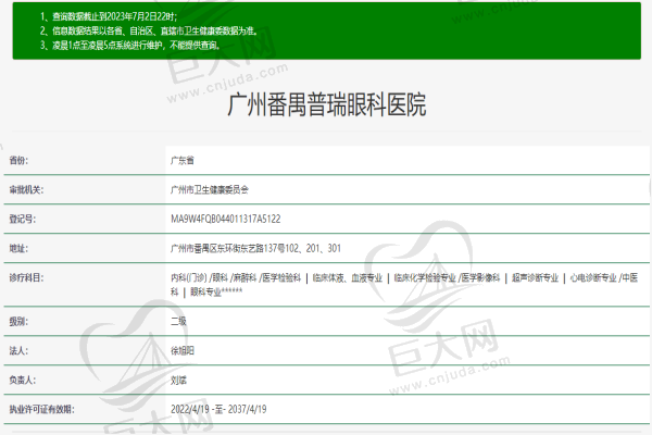 广州番禺普瑞眼科医院许可证