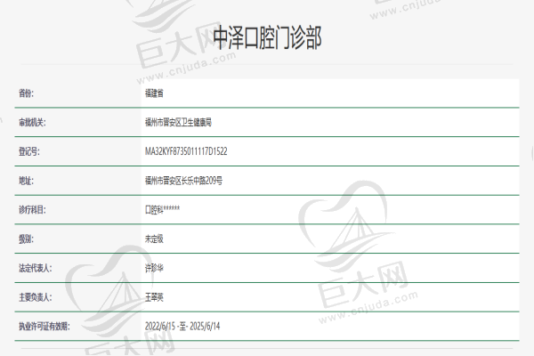 福州中泽口腔（泰禾店）资质查询