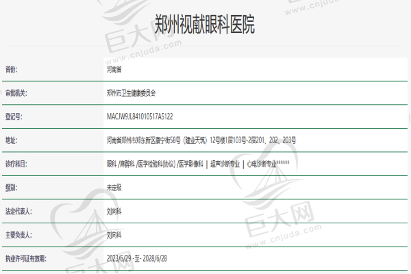 郑州视献眼科医院资质认证