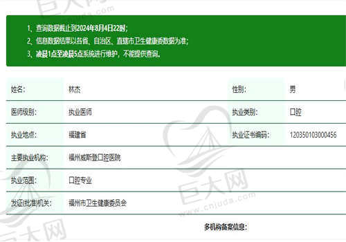 福州威斯登口腔医院林杰医生资质正规