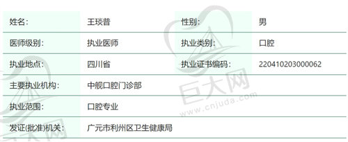 广元中舰口腔王琰普医生简介